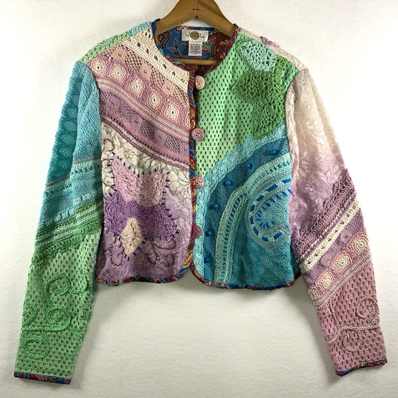 VTG Sandy Starkman Womens Mixed Media Jacket Sz M Pastel Lace Crochet Boho Artsy - Picture 1 of 13